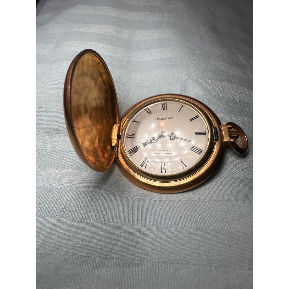 Majestime Pocket Watch 17 Jewels Shock Absorber France Gold Tone Hunter Case